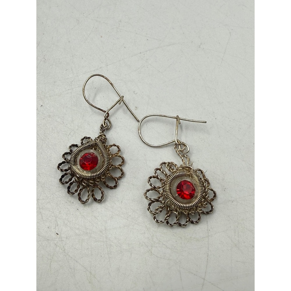 Vintage Silver Tone Red Rhinestone Wire Wrapped Flower Sunburst Drop Earrings